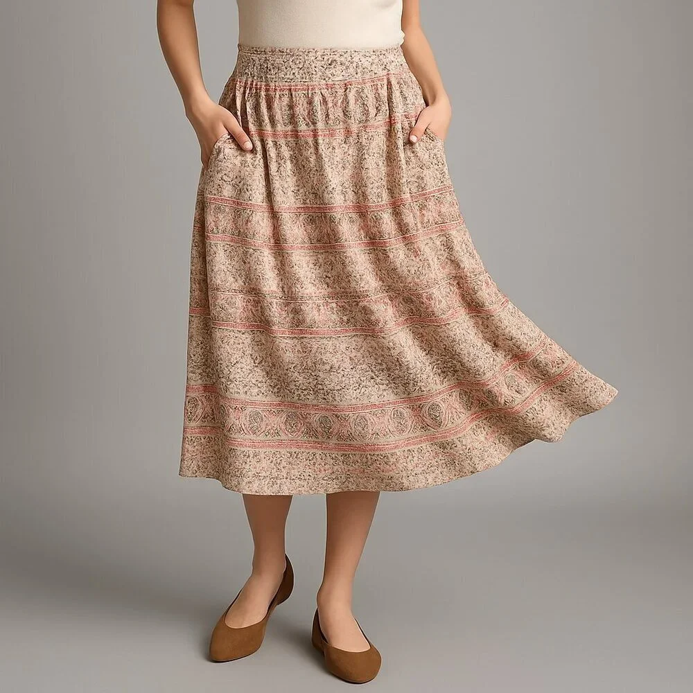 Eddie Bauer L Pink Beige Boho Floral Paisley Midi Skirt 100% Cotton Cottagecore - Picture 1 of 5